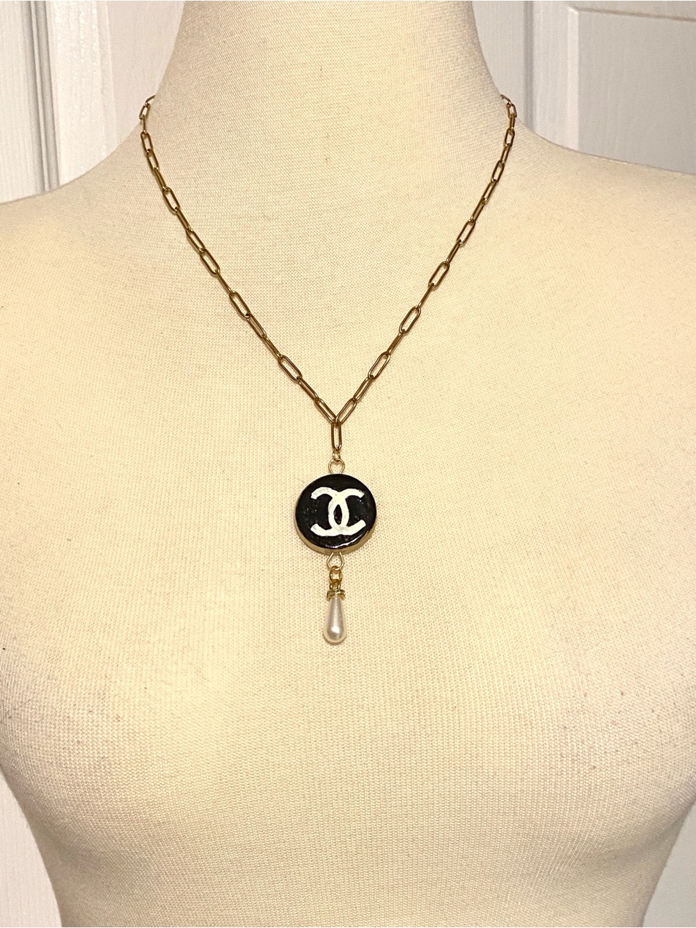 Gold-Tone Chain Necklace with Black Logo Medallion and Pearl Drop Handmade